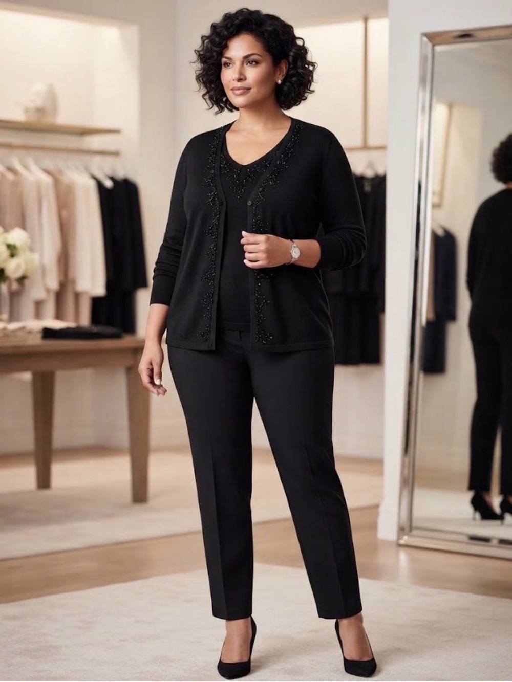 Women's Black Embellished V-Neck Cardigan Shell Set - Women